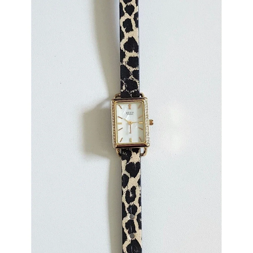 KEEP Collective Rectangular Gold Watch with Black & Cream Leopard Strap